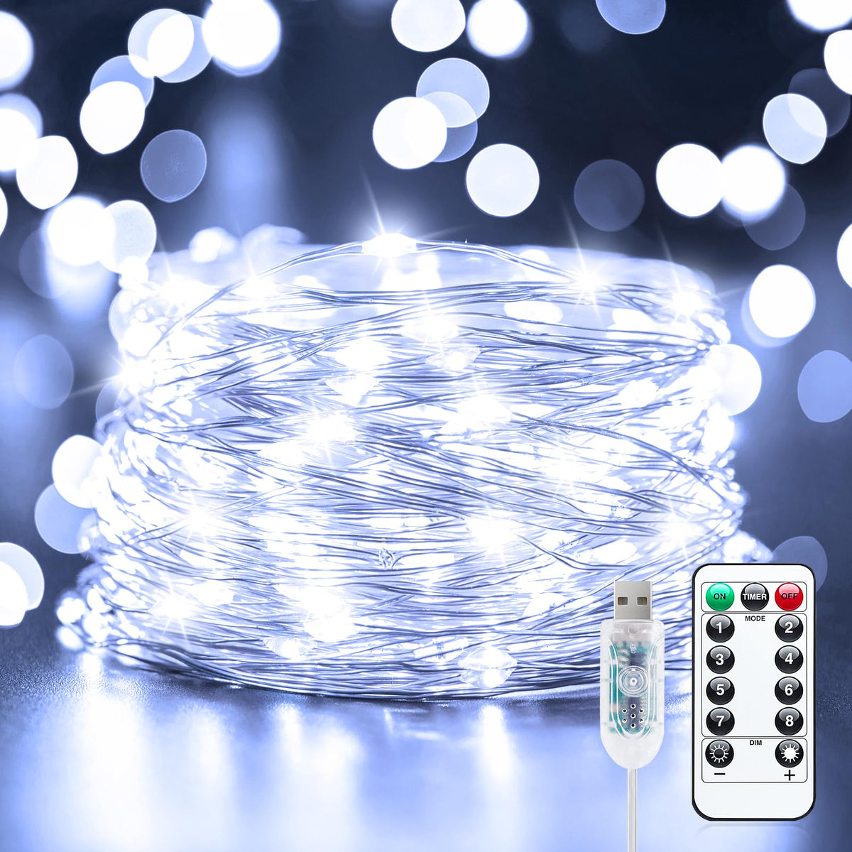66ft 200 LEDs USB Plug in String Lights with Remote and Timer for Bedroom Indoor, Pure White