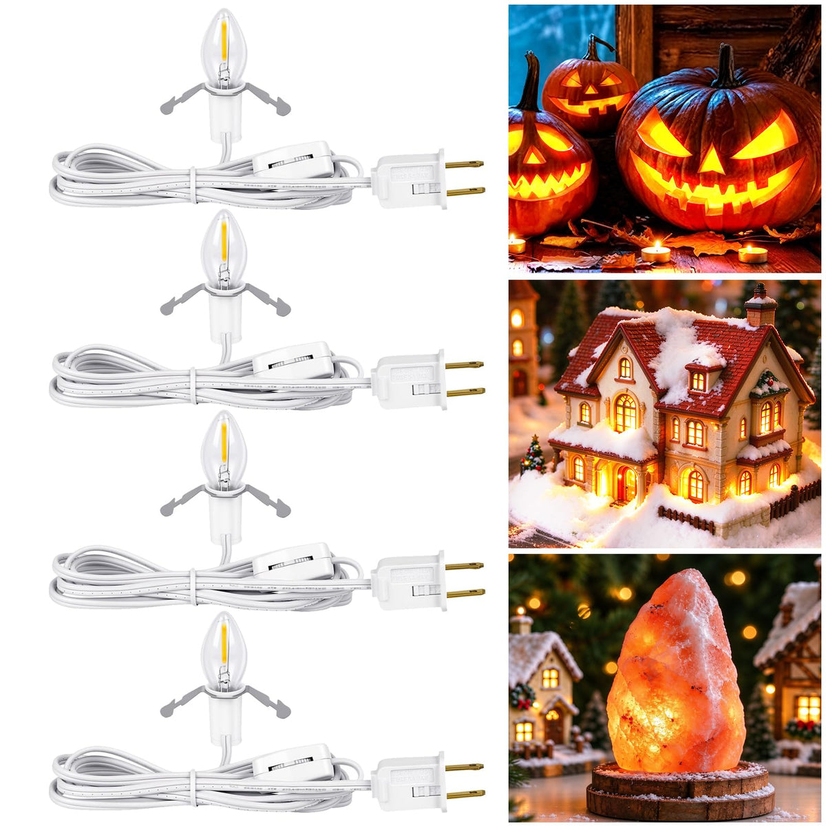 4 Pack 6FT LED Accessory Cord with On/Off Switch & Clips, Christmas Village Replacement Lights