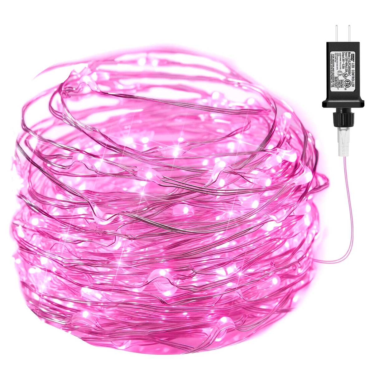 Pink Fairy Lights Plug in, 33Ft 100 LEDs Waterproof Silver Wire Firefly Valentine's Lights, Adaptor Included, Starry String Lights for Wedding Indoor Outdoor Patio Garden Valentine's Day Decoration