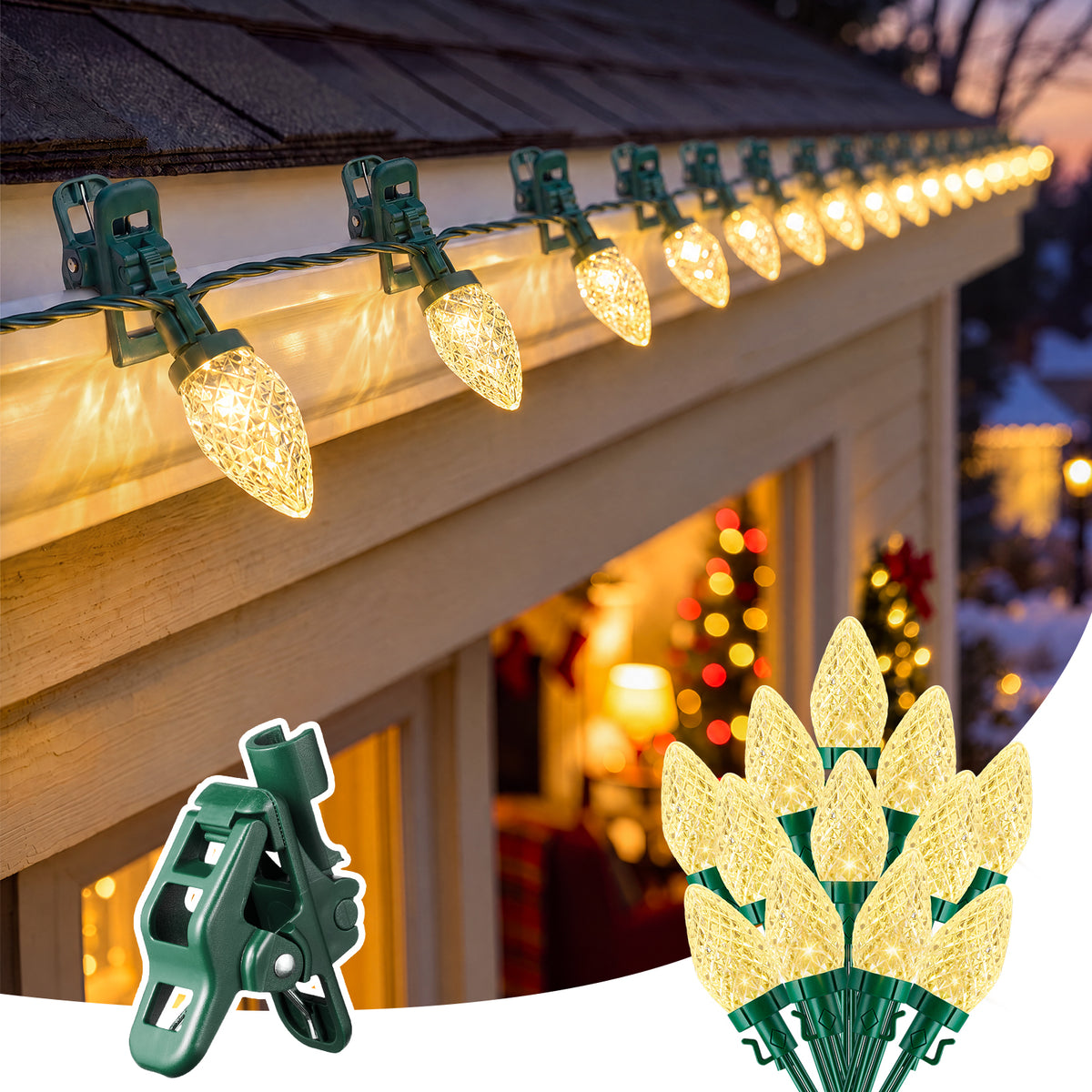 C9 Christmas Lights Outdoor with 100 Spring Clips 81FT 100LED, C9 String Lights Waterproof Connectable for House Roof Patio Yard Windows Xmas Tree Outdoor Christmas Light Decorations, Warm White