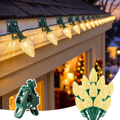 C9 Christmas Lights Outdoor with 100 Spring Clips 81FT 100LED, C9 String Lights Waterproof Connectable for House Roof Patio Yard Windows Xmas Tree Outdoor Christmas Light Decorations, Warm White